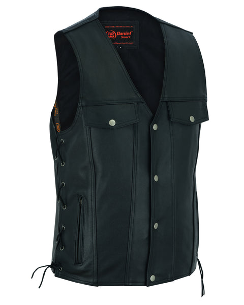 Men's Black Leather Vest with Side Laces and Gun Pockets